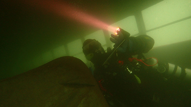 interior of a sunken bus, in gloomy lighting,
with
DAF in sidemount scuba gear looking to the right of view, and pointing
a light
