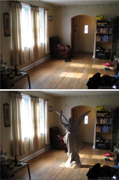 a rendered statue inserted into a legacy image of a room